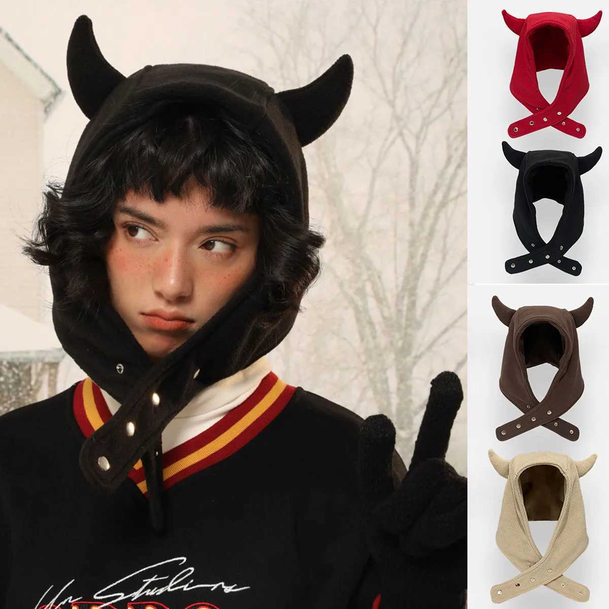 Japan Yabi Cute Devil Ears Cow Horn Thundeolt Hat Wen Autumn Winter Warm Suede Ear Protection Set Y2K BeaniesW251023