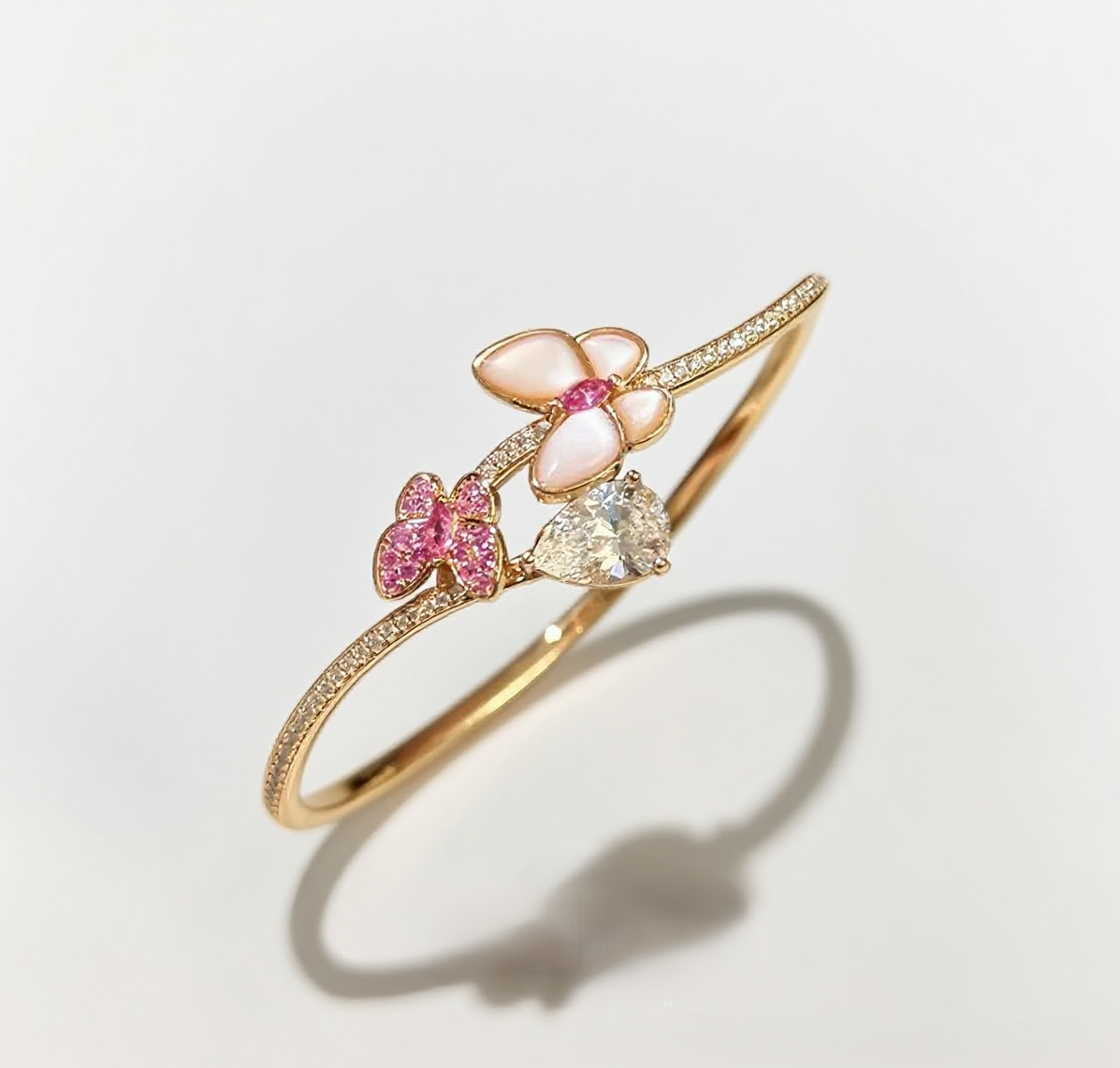 TaiYang New Gold Plated Copper Cat's Eye Butterfly Bracelet, Full Zirconia Teardrop Bangle with Elegant Floral Accents