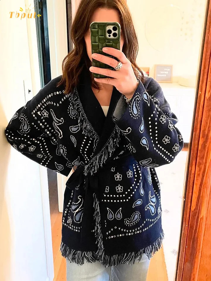 Women Print Knitted Cardigan Casual Chic Vneck Long Sleeve Singlebreasted Return Loose Sweater Lady Autumn Street Coats 251022