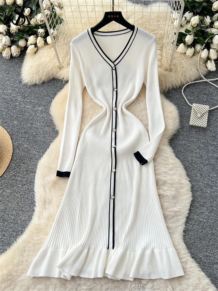 SINGREINY Autumn Women Fishtail Long Dress V Neck Single Breasted Elastic Sheath n High Quality Knitting Sweater 251022