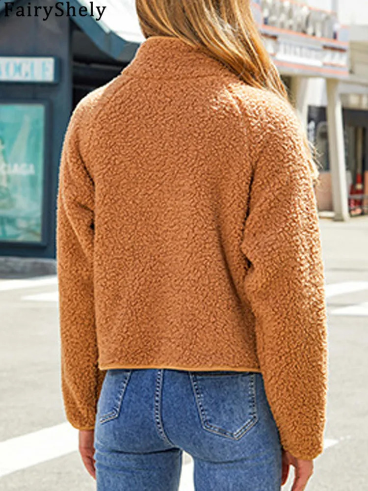 FairyShely 2025 Patchwork Autumn Winter Women Jacket Thick Plush Cropped Long Sleeve Warm Coat Soft Zipper Outwear Lady 251018