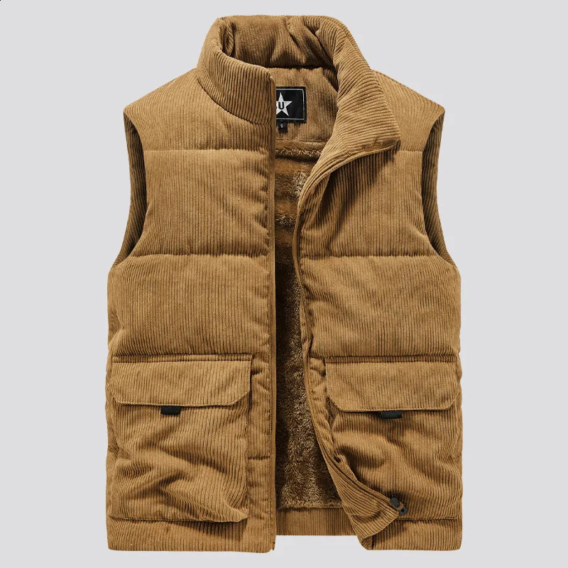 Corduroy vest for men thickened with fleece standup collar waistcoat largesized thermal cottonpadded jacket 251023