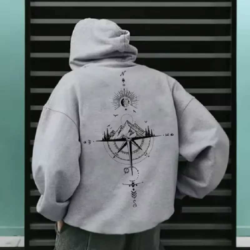 Vintage Compass Print Hoodies for Men High Quality Hooded Long Sleeve Pullover All Season Daily Casual Sports Tops Mens ClothesT251023