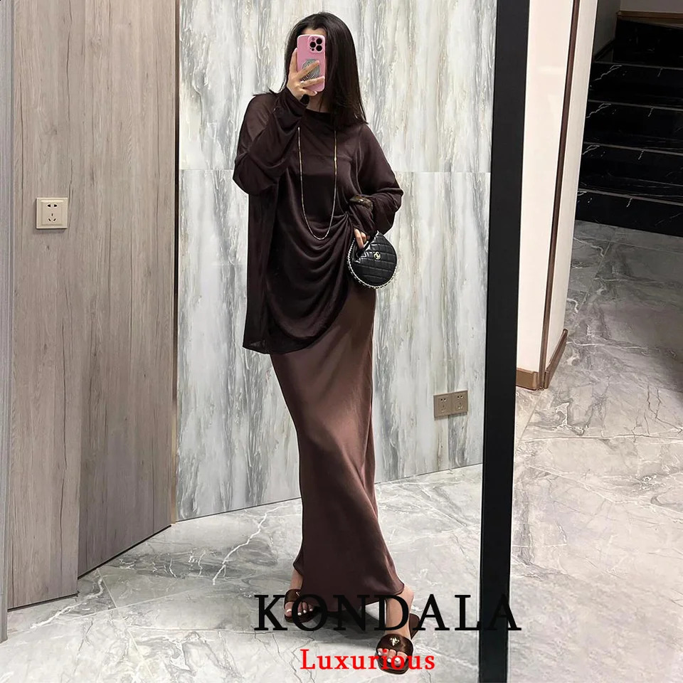KONDALA Vintage Casual Brown Satin Long Skirts Women High Waist Elastic Straight Mocha Mousse Fashion Elegant 251022