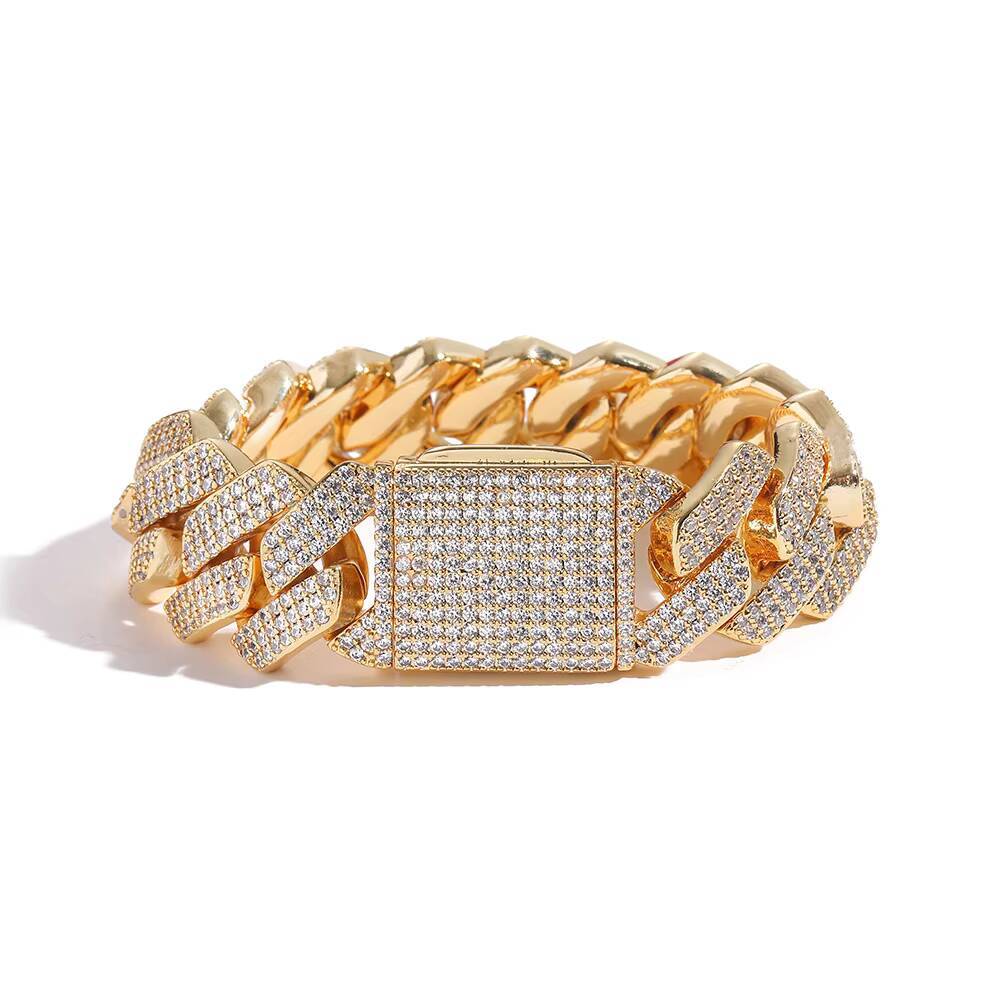 Hip Hop White Gold Prong Cuban Link Chain Bracelet 20mm Iced Diamond Prong Cuban Chain for Women Gold Plated Zircon for Parties