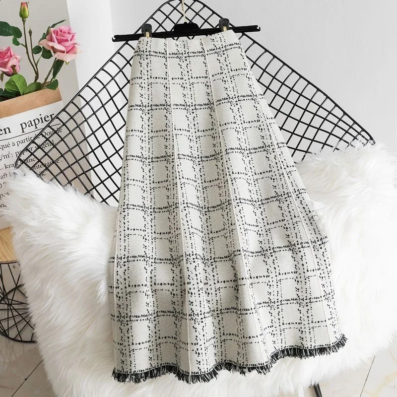 Autumn Winter Ladies Leisure Knitted Skirt Female Fashion Tassels Maxi Korean Women High Waist Lattice Long Skirts 251022