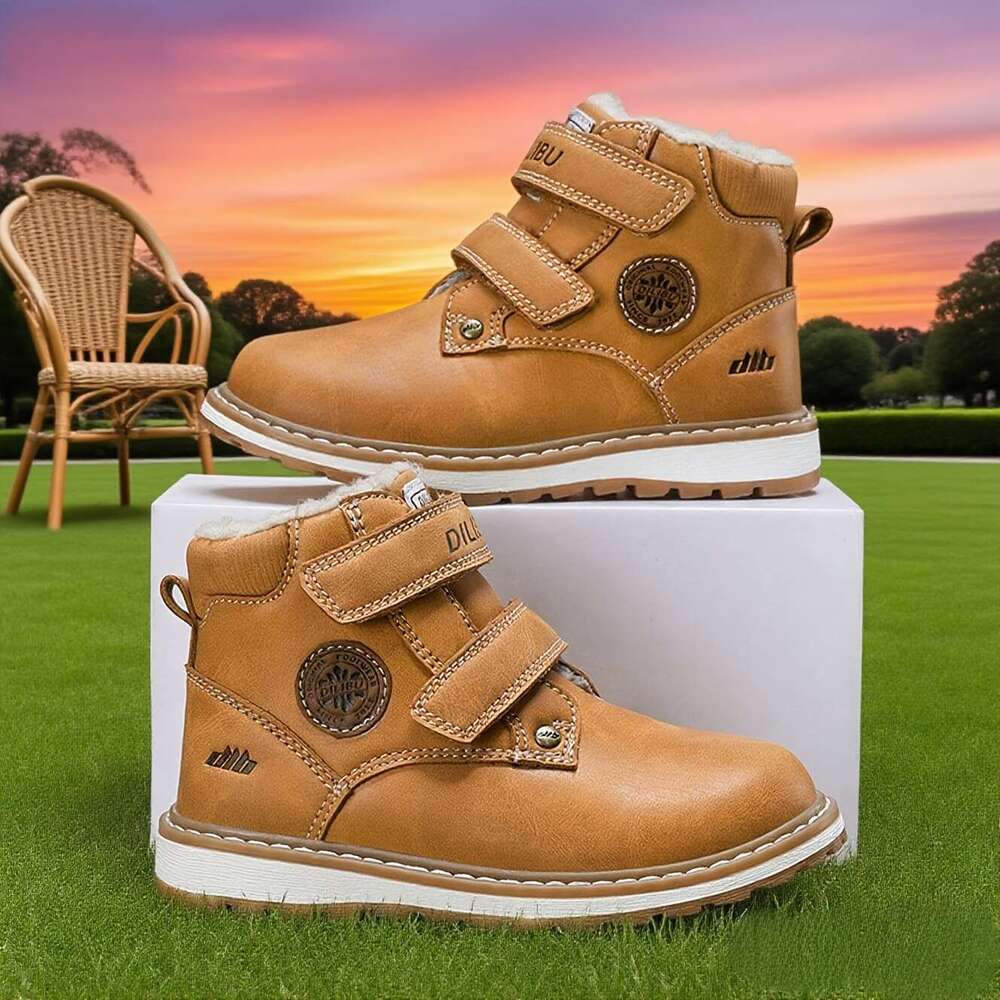 Boys' High-Top Snow With Fleece Warm Mid-Calf Hiking Shoes, EVA Sole & Hook-And-Loop Closure, Brown - Perfect For Outdoor Adventures, Winter Boot