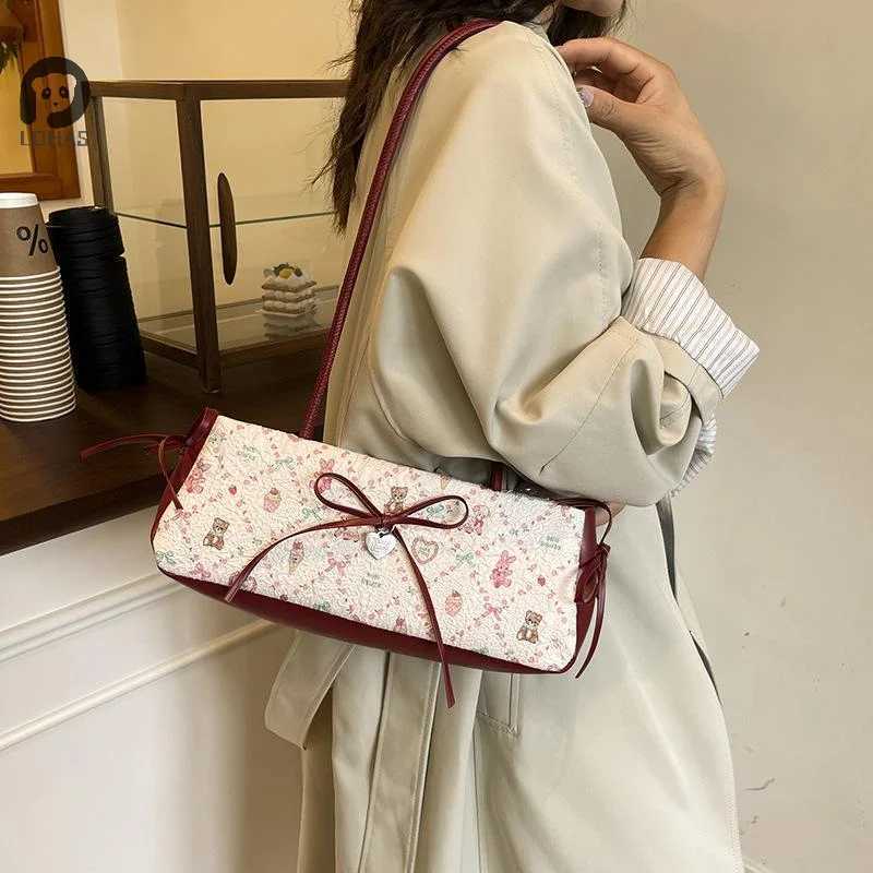 Fashion Sweet Bow Shoulder Bag Cartoon Print Underarm Bag Female Tote Bag Versatile Large Capacity Commuter Handbag Holiday GiftL251023