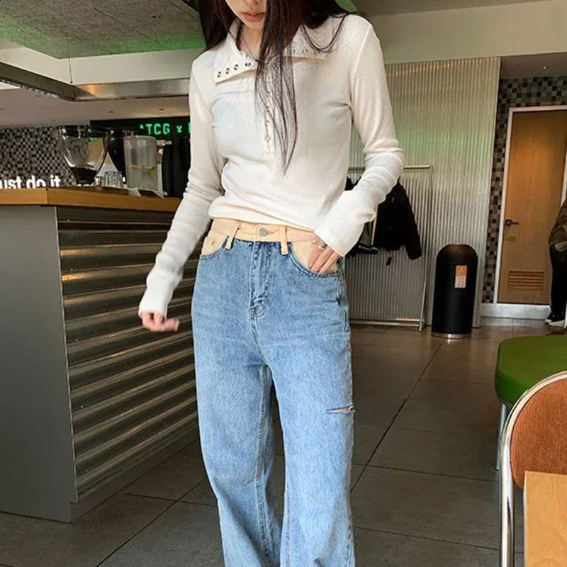 Y2K High Street Women Sweaters 2025 Gray White Button Up Bottoming Pullover Woman Slim Fit Long Sleeve Knitted TShirt 251023