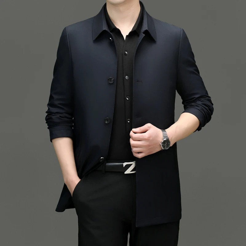 2025 Mens Trench Coat Long Fashion Handsome with Solid Color Highend Fabric Lapel Business Casual Young People Jackets 251014