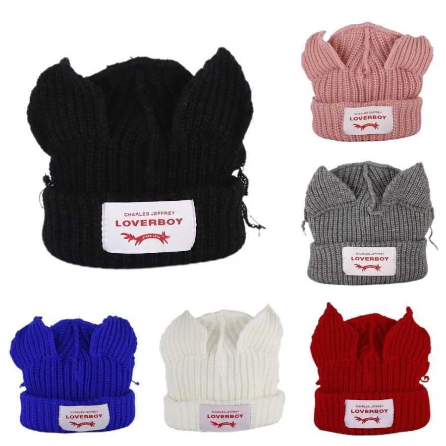 Winter Knitted Hats For Wen Cute Rabbit Ear Soft Warm Thick Acrylic Luxury Brand Label Beanies Sklies Personality CasualW251023
