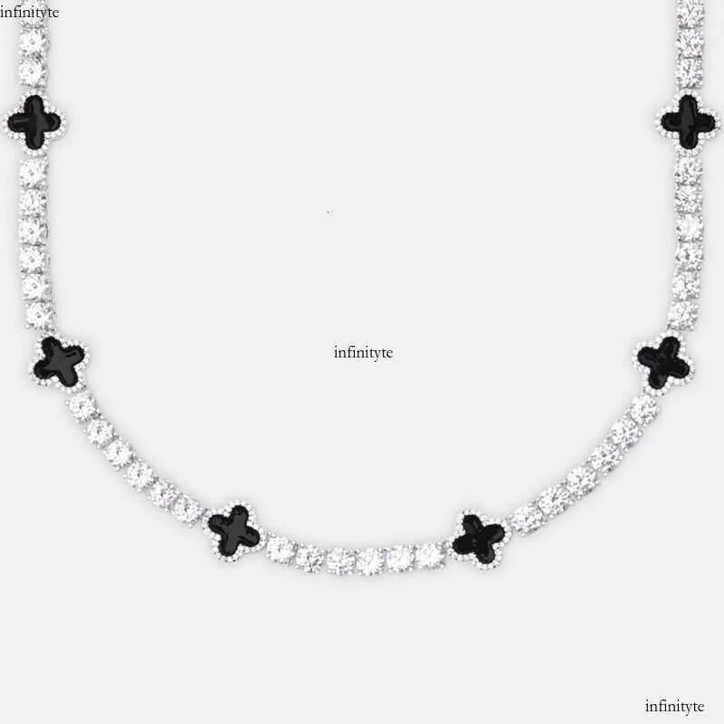 VVS Tennis Chain with Black Agate Clover Leafs Iced Out Moissanite Necklace Officiant Anniversary Gift 111