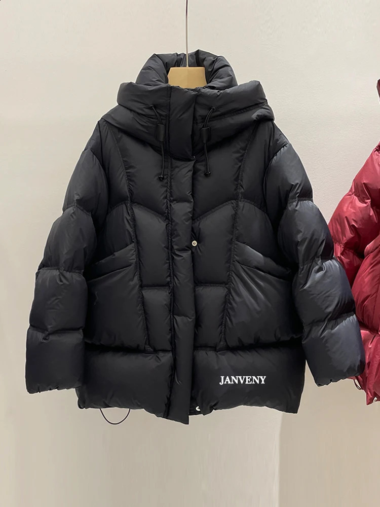 Janveny Winter Thickened Puffer Down Jacket Women Warm Hooded Medium Length Loose Solid Color 90 White Duck Coat 251022
