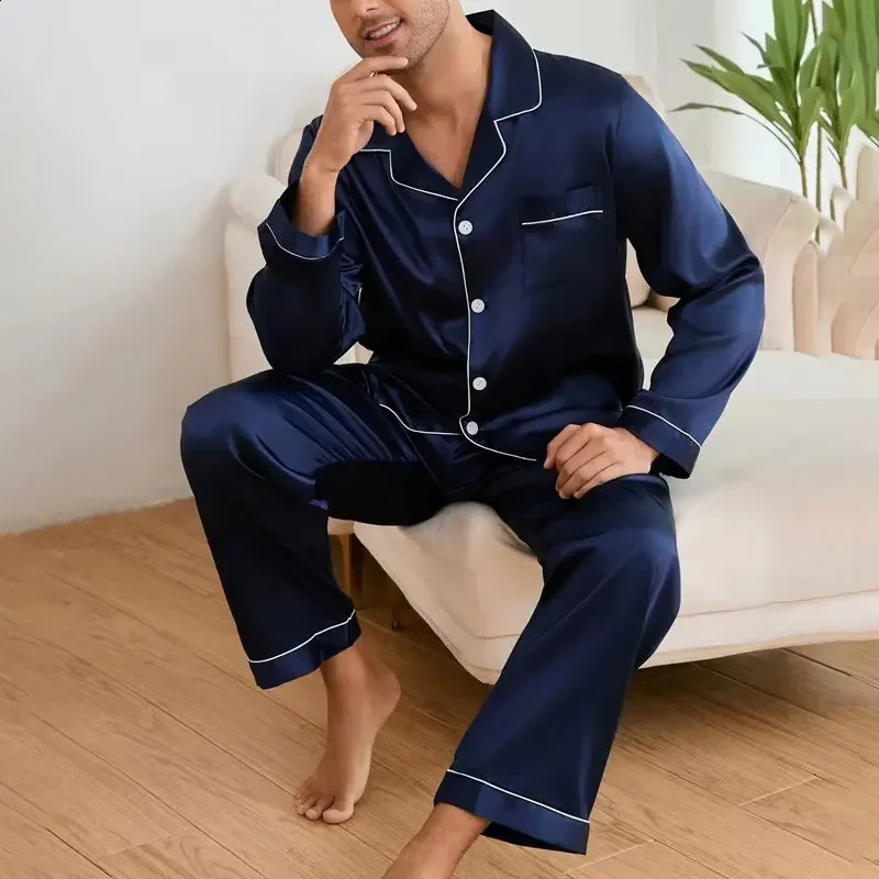 Mens Satin Pajama Set Linter Lapel Collar Long Sleeve Tops Pants Sleepwear Button Down Loungewear Autumn Pyjama For Man 251021