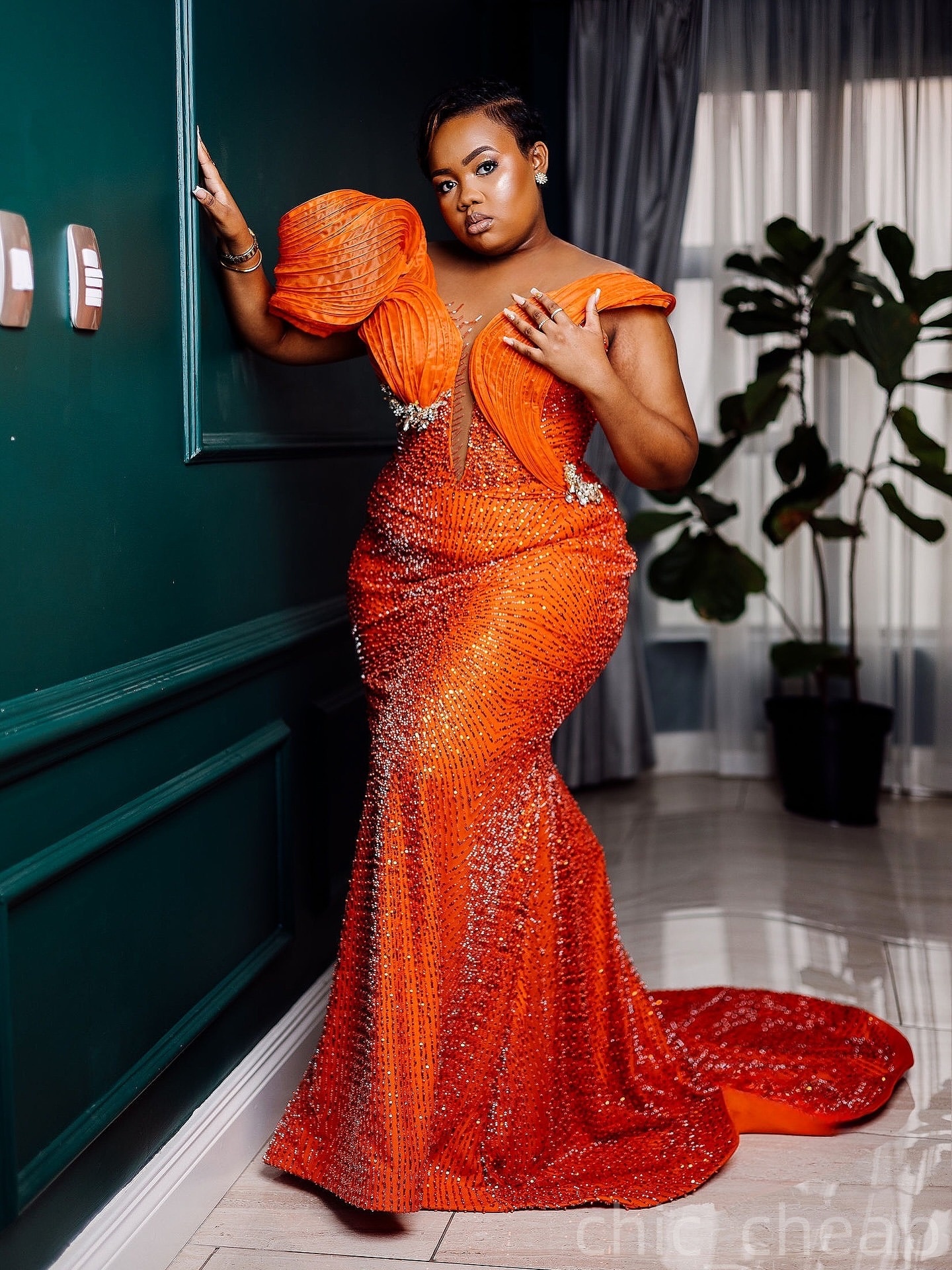 2025 Orange Plus Size Aso Ebi Prom Dress Sheer Neck Crystals Evening Gowns Sequined Mermaid Formal Dress Birthday Party Dress Second Reception Dresses