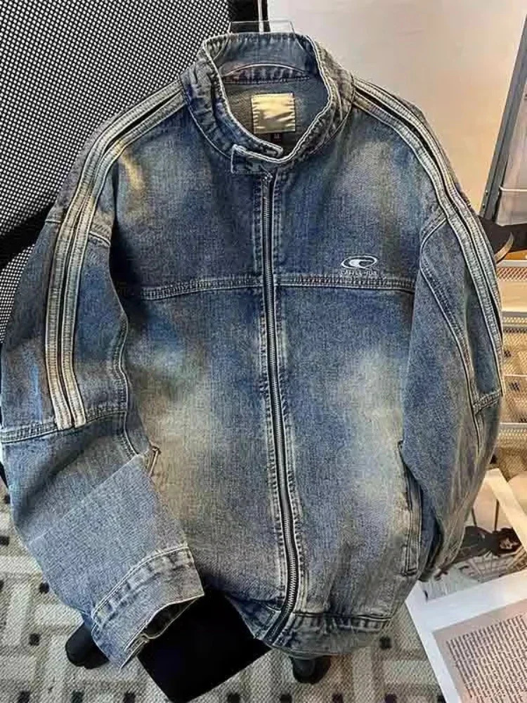 Vintage Distressed Denim Jacket Men Clean Fit Ribbed Stand Collar Long Sleeve Casual Oversized Street Edge Y2k Spring Fall Coat 251017