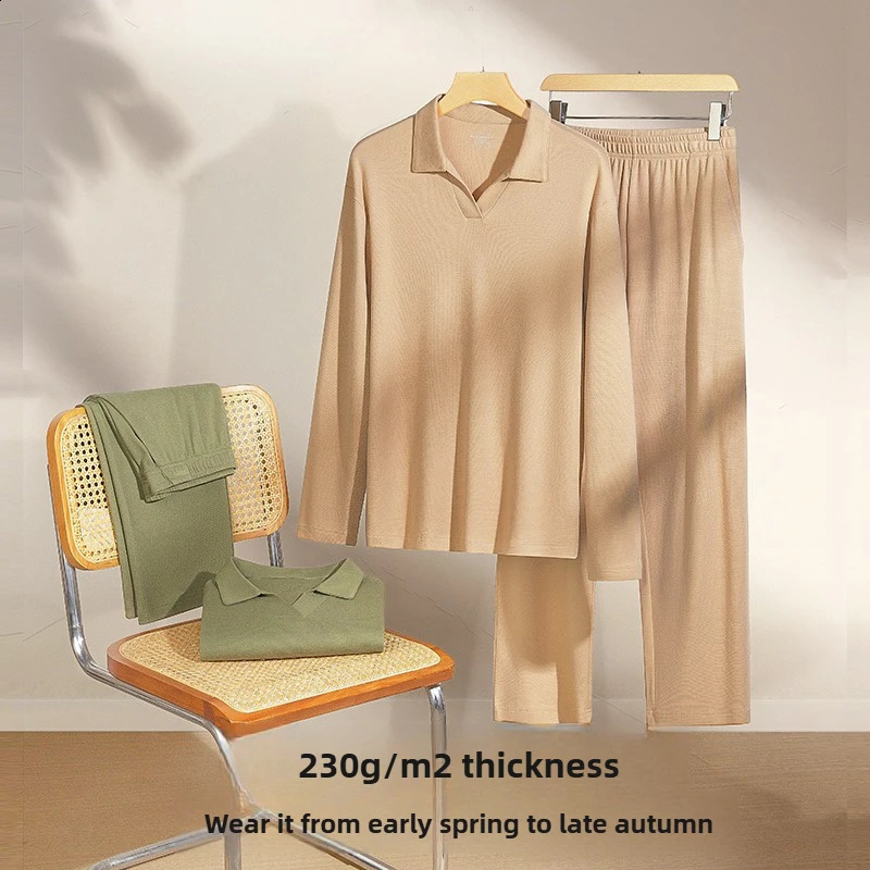 Men Pajama Sets Winter Jacquard Loungewear Long Sleeve Nightwear Bamboo Fiber Sleepwear Home Street Men Pijamas 251021