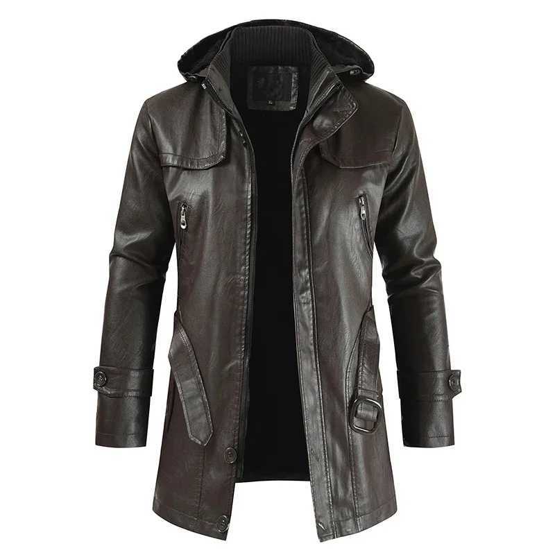 Mens Fashion Hooded Long Leather Coat Windproof Clothes Mens Leather Motorcycle Coat Winter Korean Fashion Leather Jacket W251023