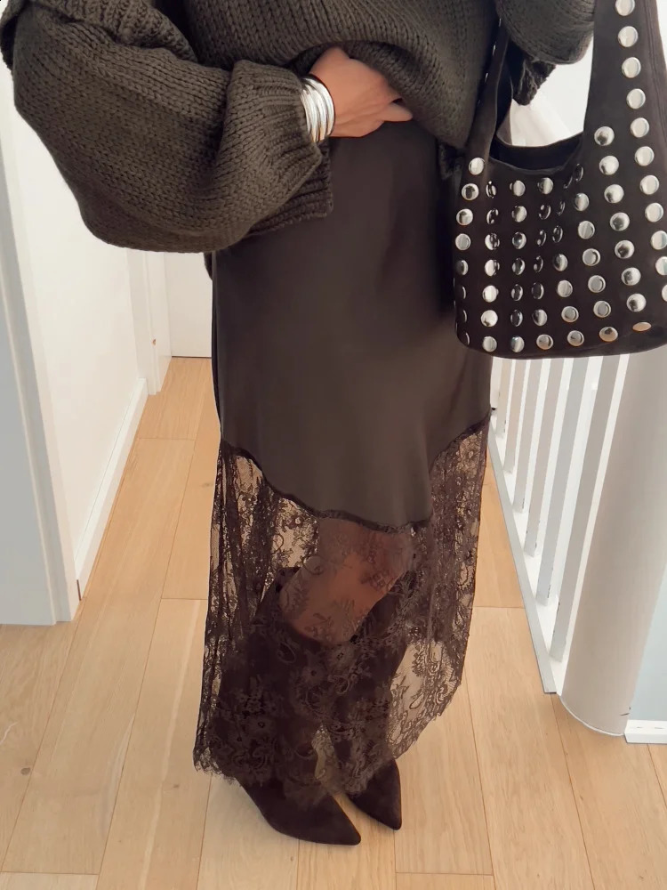 Women Patchwork Lace Skirts High Waist Slim Hollow Out Maxi Autumn Winter Brown Fashion Party Club Boho Skirt 251022