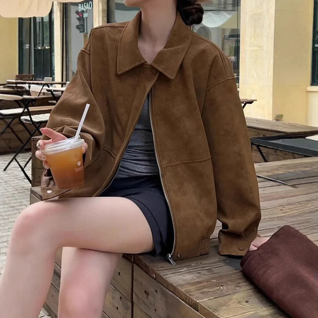 Retro American Suede Jacket Womens Loose Lapel MidLength Casual Spring Autumn Fashionable Top Full Sleeve Origin China 251013