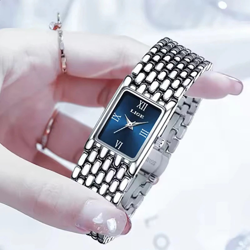 LIGE n Ladies Watch Fashion Quartz Wristwatch Silver Simple Square Women Watches Stainless Steel Folding Clock 251021
