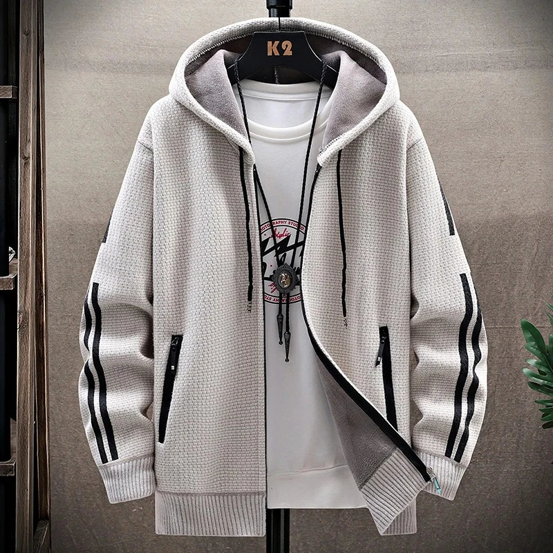 Business Casual Mens Sweater Cardigan Fleece Lined Hood Sweaters Jacket Retro Coat Zipper Up Knit Cardigans 251023