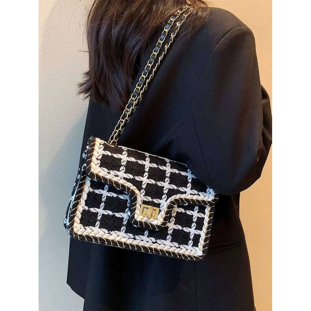 Black & White Plaid Casual Crossbody Handbag Women's Shoulder Bags Handbags With Top Handle Fashion Square Bag