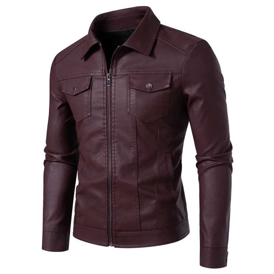 Mens casual PU leather jacket lapel biker jacket fashionable slimfitting mens faux leather shirtstyle jacket W251023