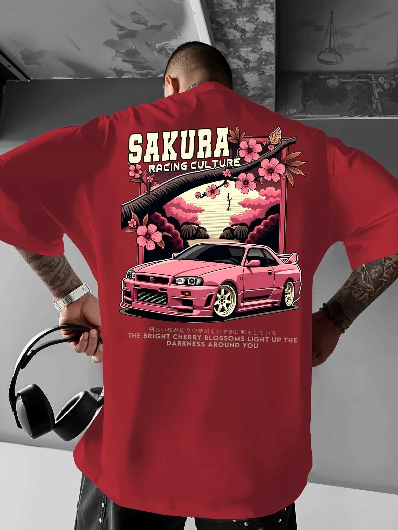 Mens Japanese Racing Graphic TShirt Sakura Motorsport Tee Cherry Blossoms Loose Fit Back Print Shirt Drift Events StreetwearXJ251023