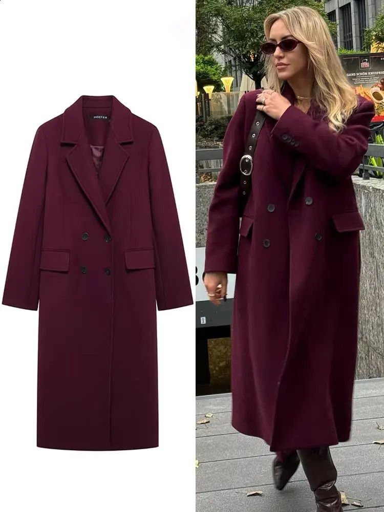 HH Women Fashion Burgundy Woolen Coat Double Breasted Long Sleeve Lapel Blends Jacket Autumn Winter High Street Outerwear 251016