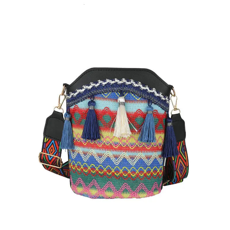 Bohemian Ethnic Style Niche n Woven Contrasting Tassel Bucket Diagonal Cross Single Shoulder Bag Womens Random Color 251018