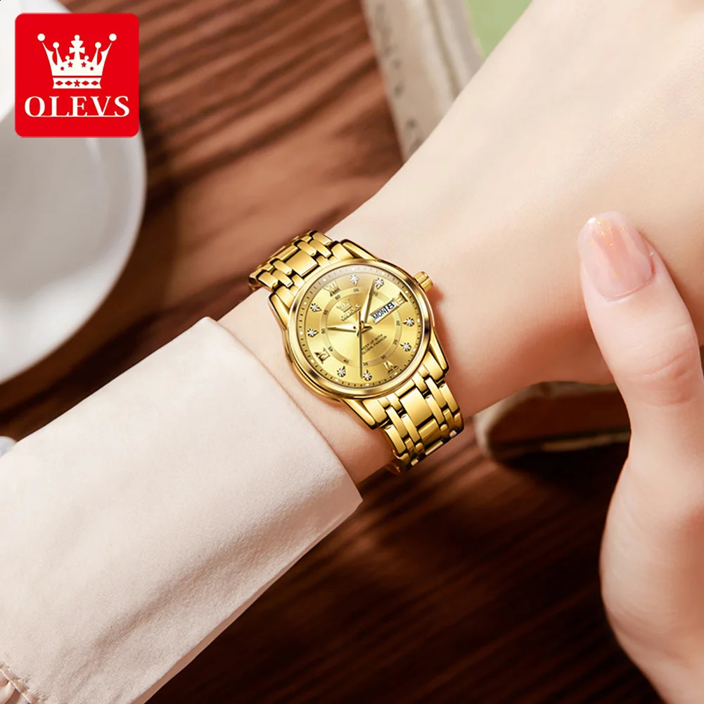 OLEVS Selling Fashion Stainless Steel Quartz Ladies Watch Dual Calendar Luminous Waterproof Elegant Watch for Women 251027