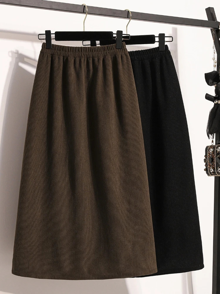 Plus Size Skirt for Women Autumn High Elastic Waist Large Korean Style Elegant Brown Casual Slit Pencil Skirts 251022