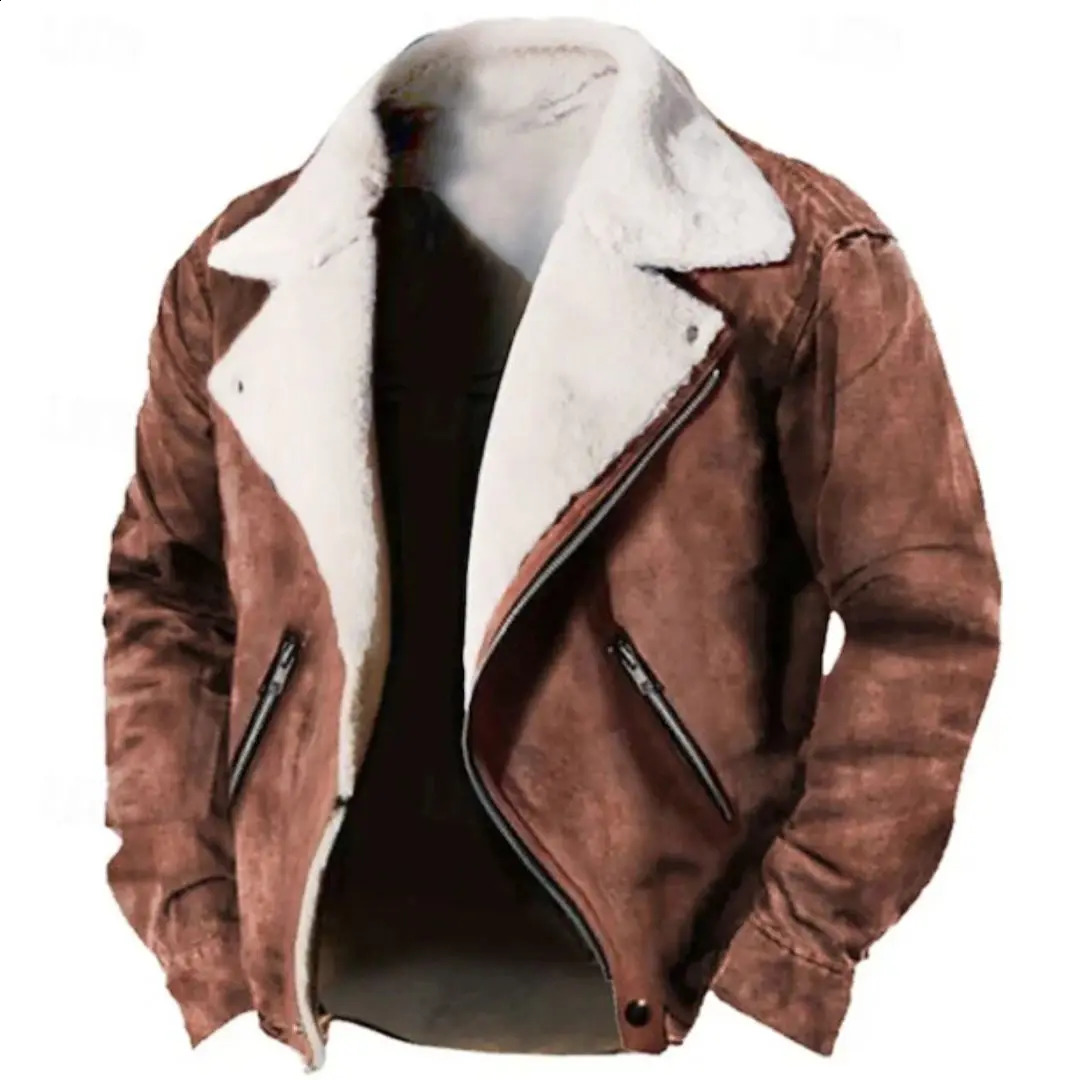 Mens Point Collar Winter Jacket Thickened Windproof Faux Leather Coat Warm Fleece Lined Casual Outdoor Clothing 251023