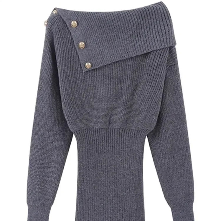 Shoulder Bared Knitted Sweater Dress Womens Autumn Winter Style Grey Wrap Waist Short Skirt Long Sleeve Dress 251020