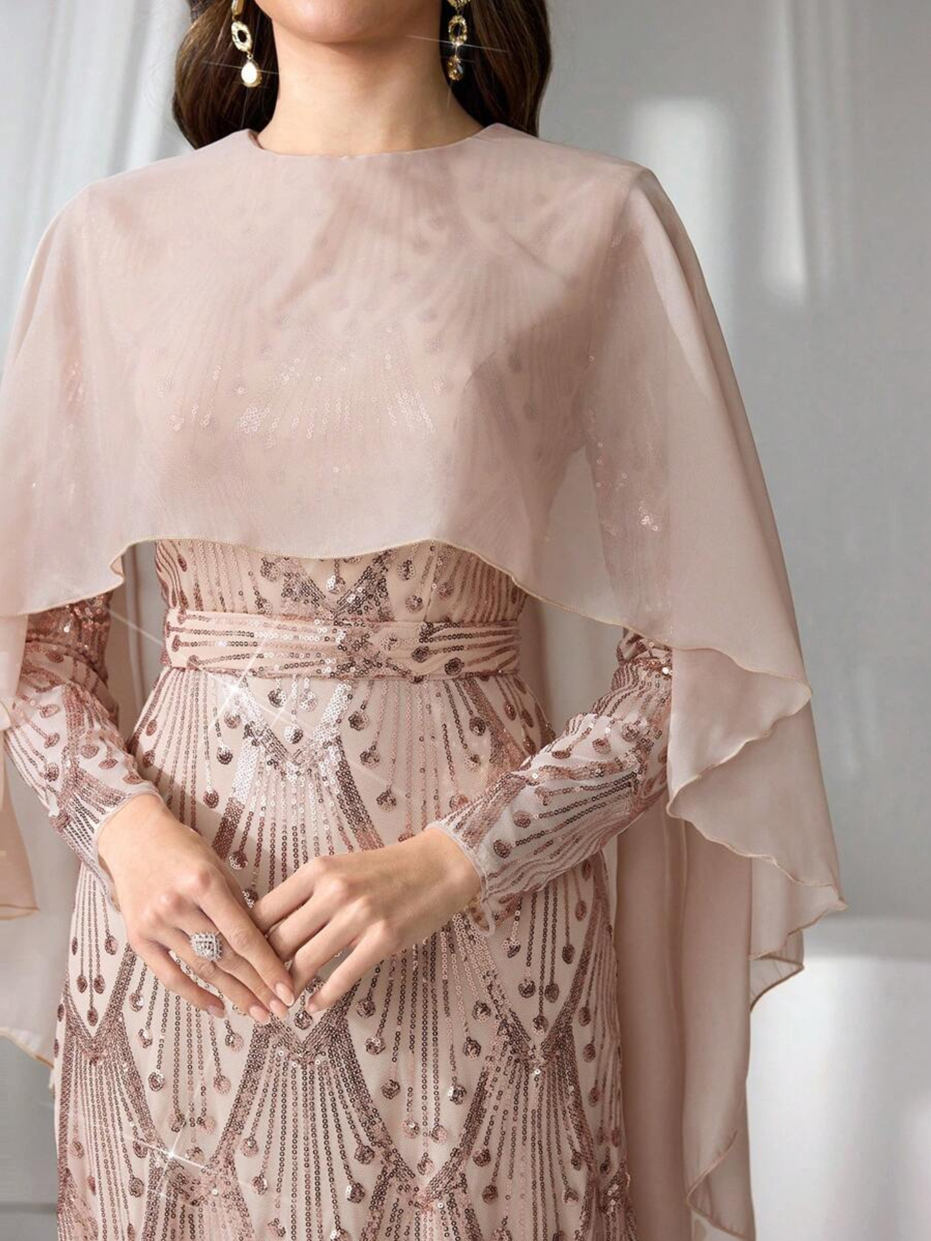 Women's Mememe Brand Sequin Evening Dress with Cape Design, Embroidered Pattern Elegant Formal Gown (S-XL, Champagne)-D350