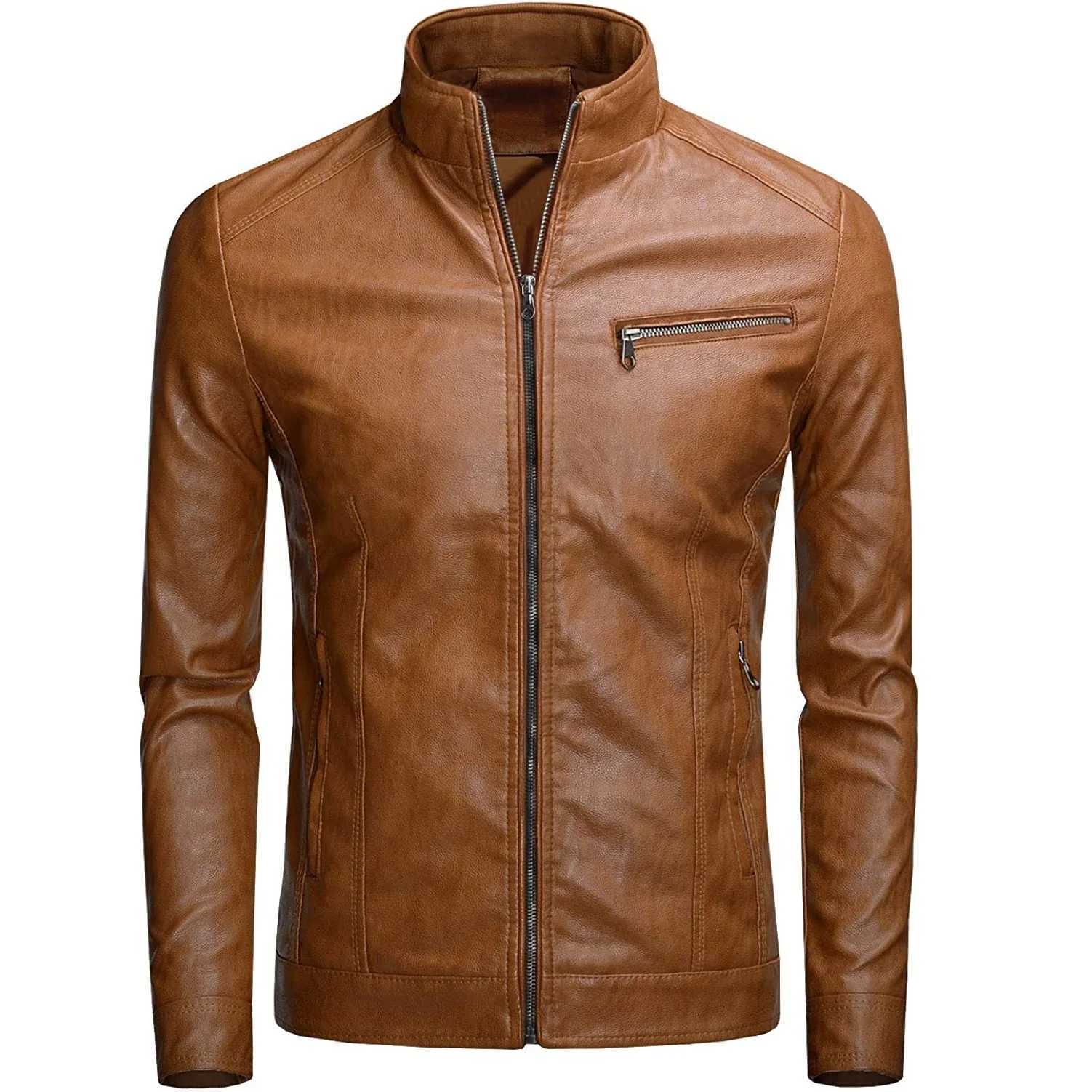 Autumn Winter Men Stand Collar Motorcycle Leather Jacket Coat Brown Black Coffee Multi Color Options Slim Fit Trendy Outerwear W251023