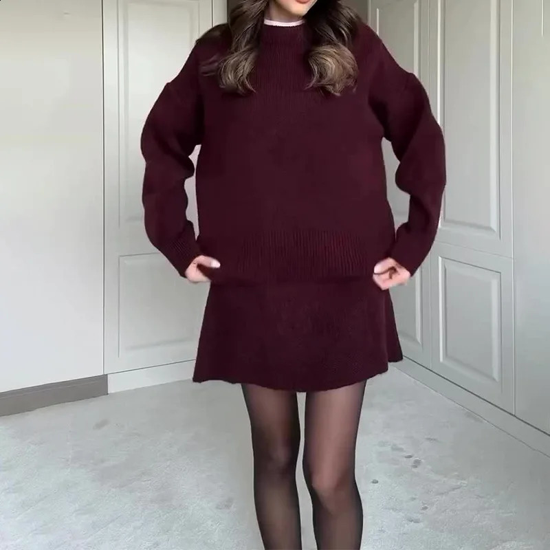 Preppy Style Knitted Two Piece Set Women Winter Autumn O Neck Loose Sweater Pullover A Line Skirt Streetwear Chic Outfits 251022