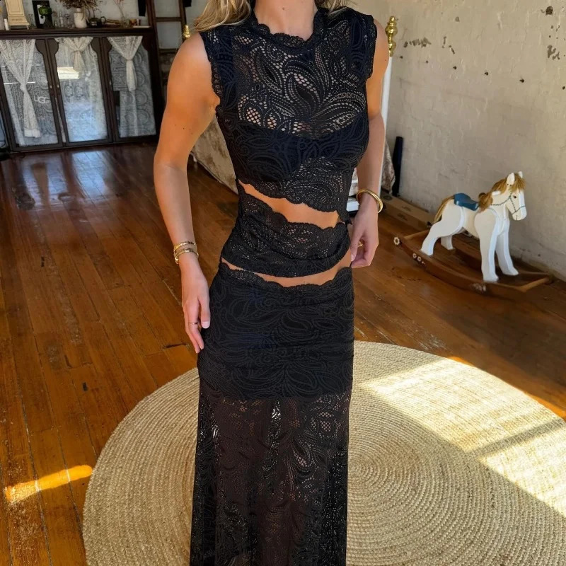Candy See Through Lace Sexy Sleeveless Round Neck and Elegant Straight Long Skirt Summer Evening Vintage Women 2 Pieces Set 251013