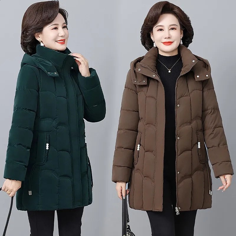Womens Winter Thickened Jackets Down Cotton Parkas Hooded Quilted Long Pockets coat Middle aged Female Overcoat 251022