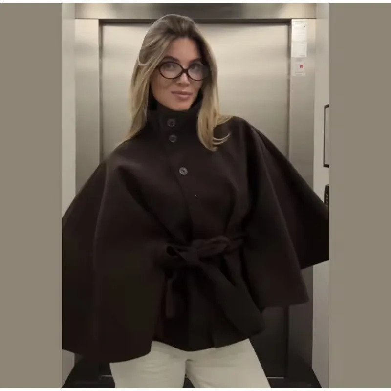 Womens Short Cape Coats For Women Belt Blends Autumn Winter Solid Elegant Cloak Jacket Ladies 2025 251018