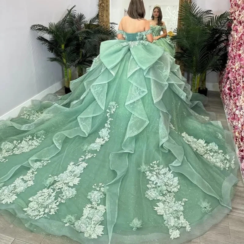 Mint Green Shiny Quinceanera Dresses offthe shoulder Beading Crystal Applique Lace glitter 3D flower decal Bow vestidos de 15 anos sweet 16 dress