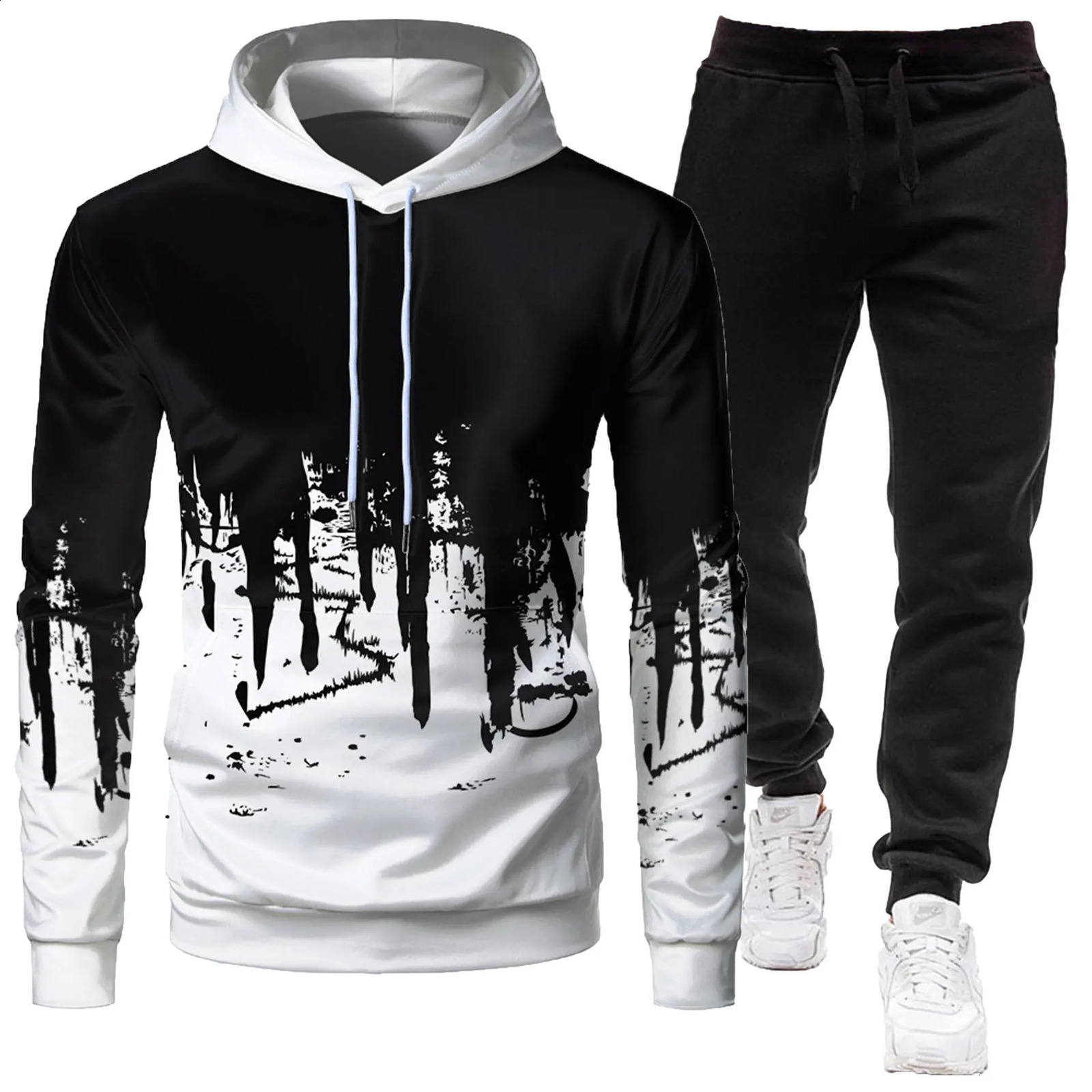 Autumn and winter mens hoodie long pants twopiece set zipper hooded jacket graffiti printed sports trend fashion casual 251023