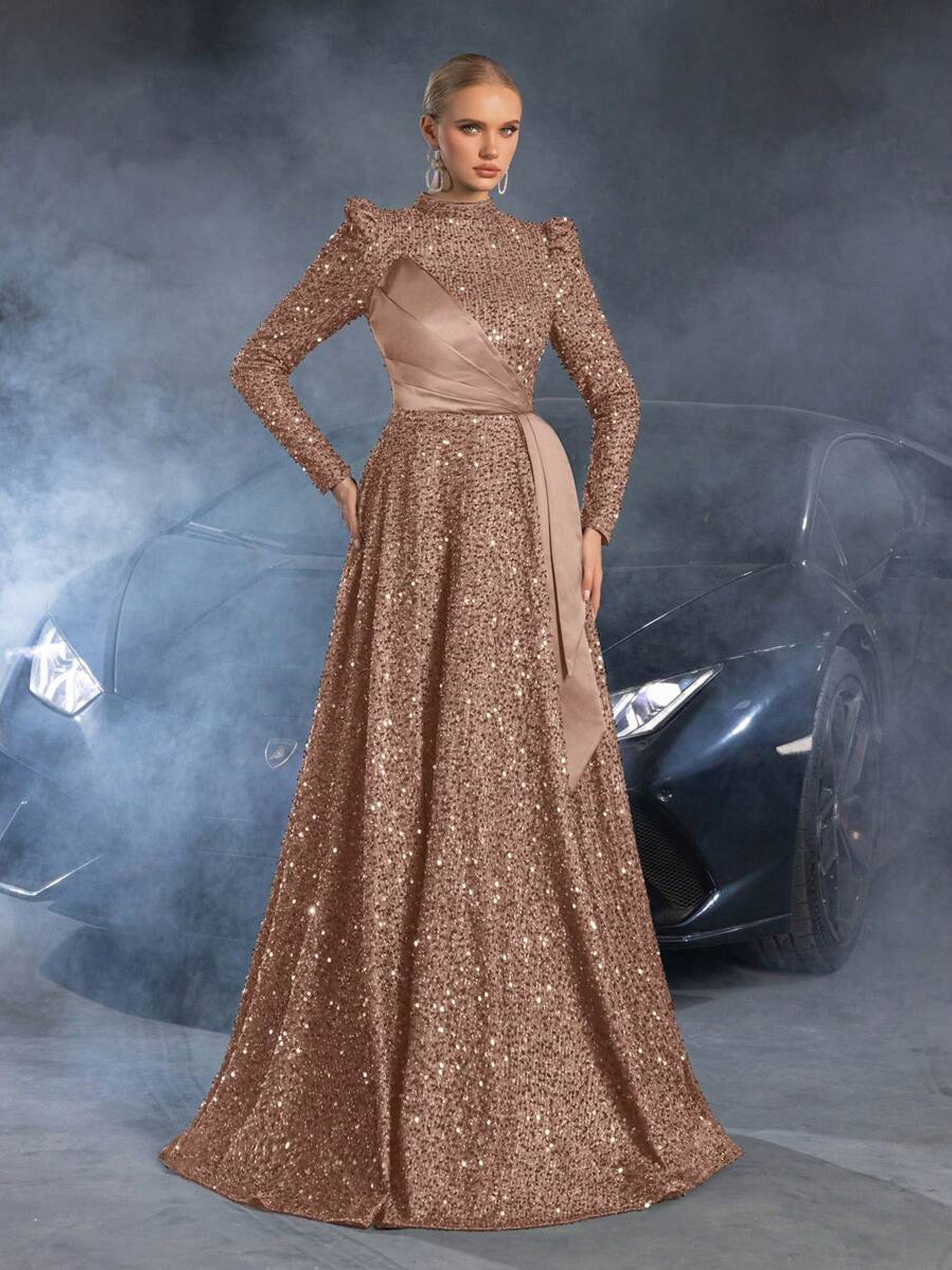 Women's Mememe Brand Shiny Sequin Evening Dress, Retro Puff Sleeve Voluminous Skirt Formal Gown (S-XL, Dark Green/Black/Apricot)-D375