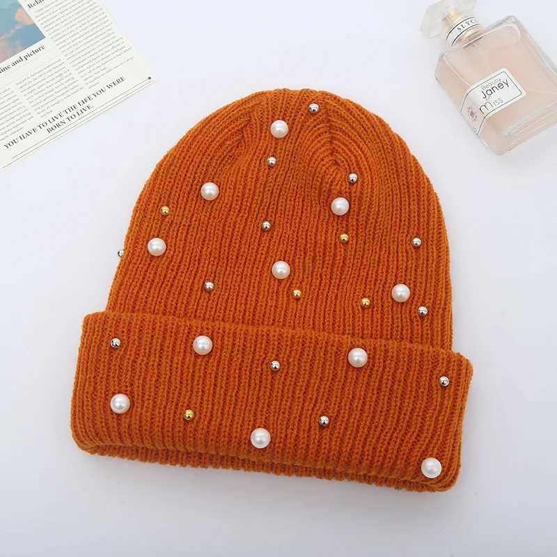 Winter Knitted Beanie Wen Fashion Rhinestone Pearls Knitting Hats Ladies Casual Sklies Fa Solid Color Casual BoneW251023