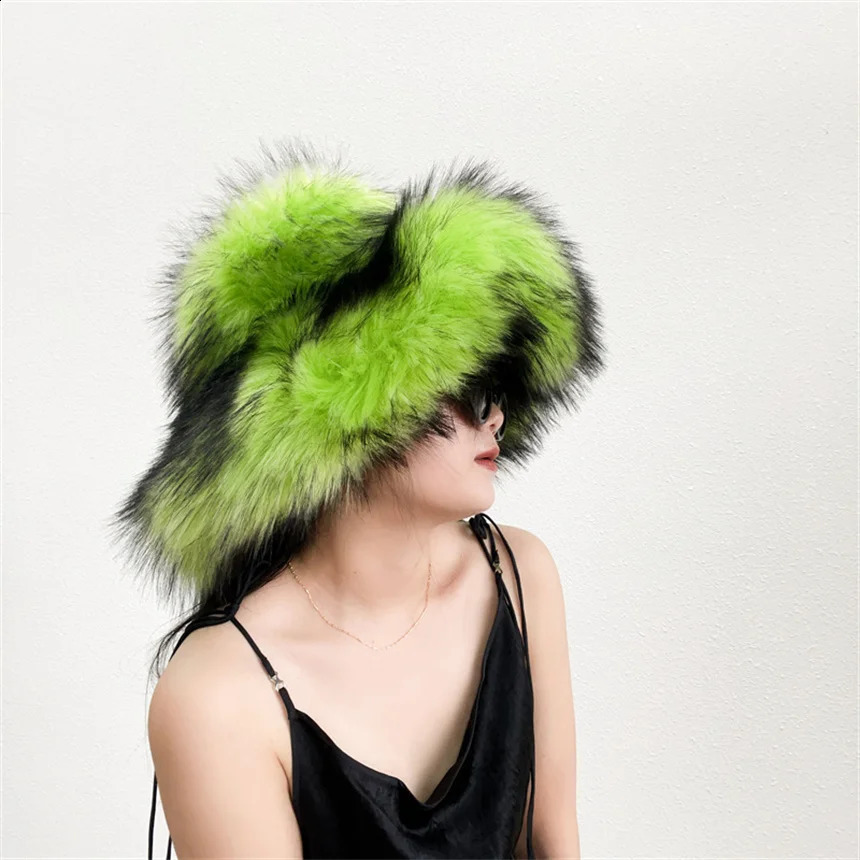Fluffy Faux Fur Bucket Hats Y2k Women Raccoon Fur Hat Warm Thick Plush Winter Hat Lady Fashion Panama Furry Fisherman Cap 251022