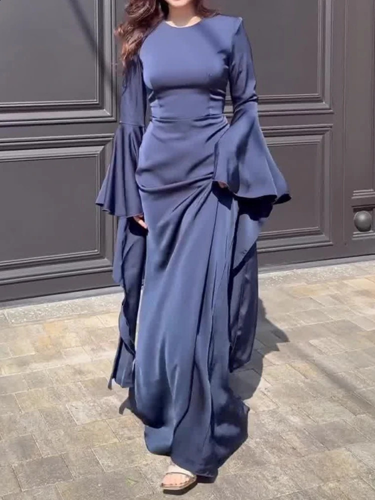 Elegant Solid Color O Neck Chiffon Straight Modest Casual Party Robe Simple Big Swing Sleeves Aline Loose Evening Dress 251022