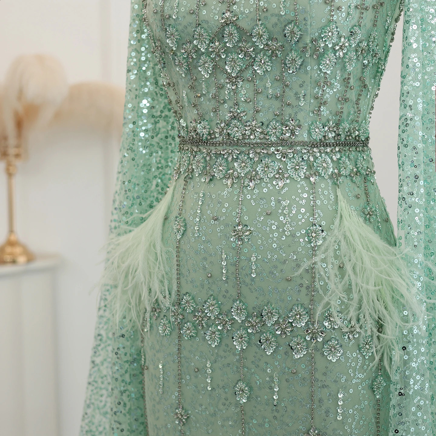 Sharon Said Feathers Dubai Bling Gray Mermaid Dresses Lilac Sage Cape Arabic Women Wedding Party Gown SS279 Customized 251020