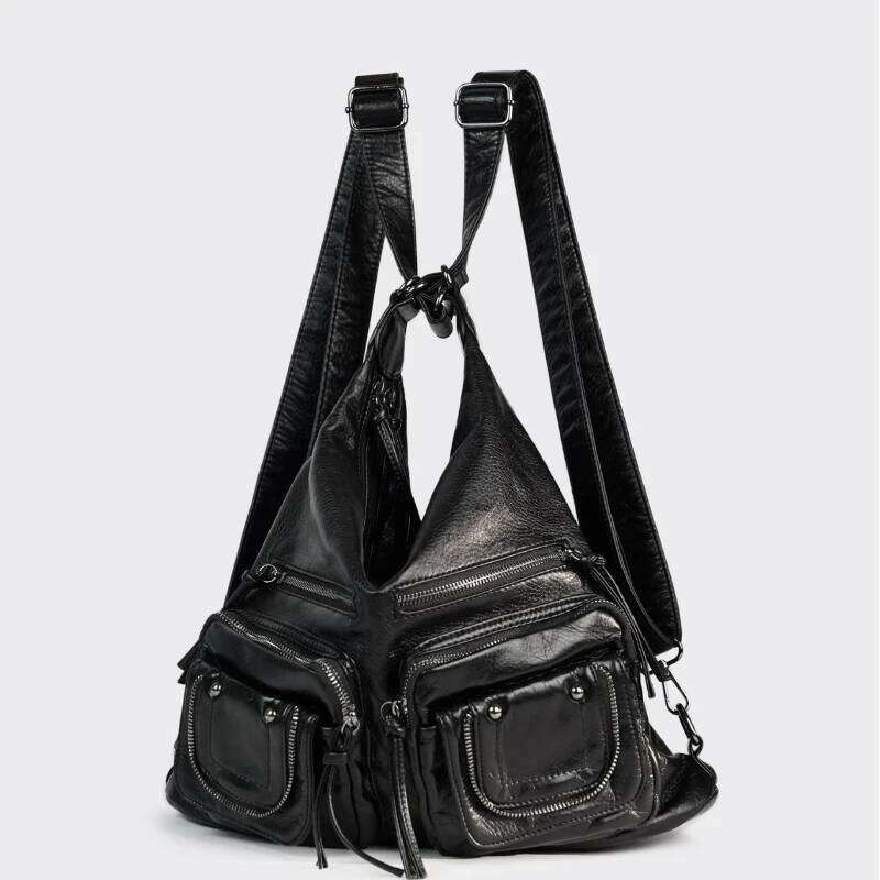 Retro Cool Girls Motorcycle Handbag Soft PU Leather Female Large Shoulder Bag Punk Multi Pocket Crossbody Backpack Mdng251023