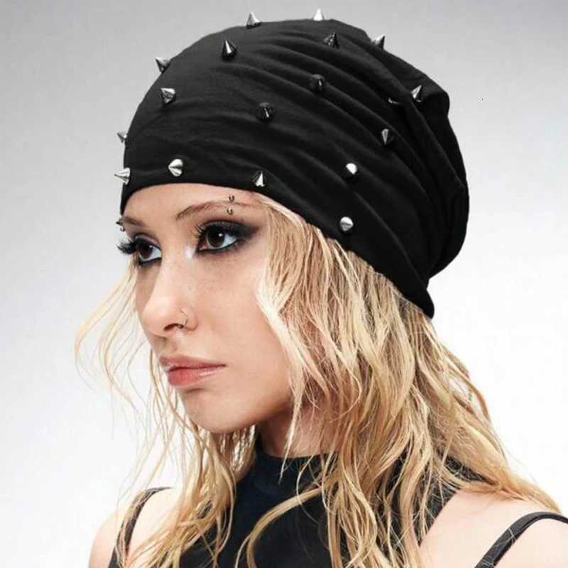 1pc Punk Style Rivet Decorated Knitted HatPersonalized Punk Rivet Y2K Vintage Solid Black Warm Beanie for Daily AllWinter WearXJ251023